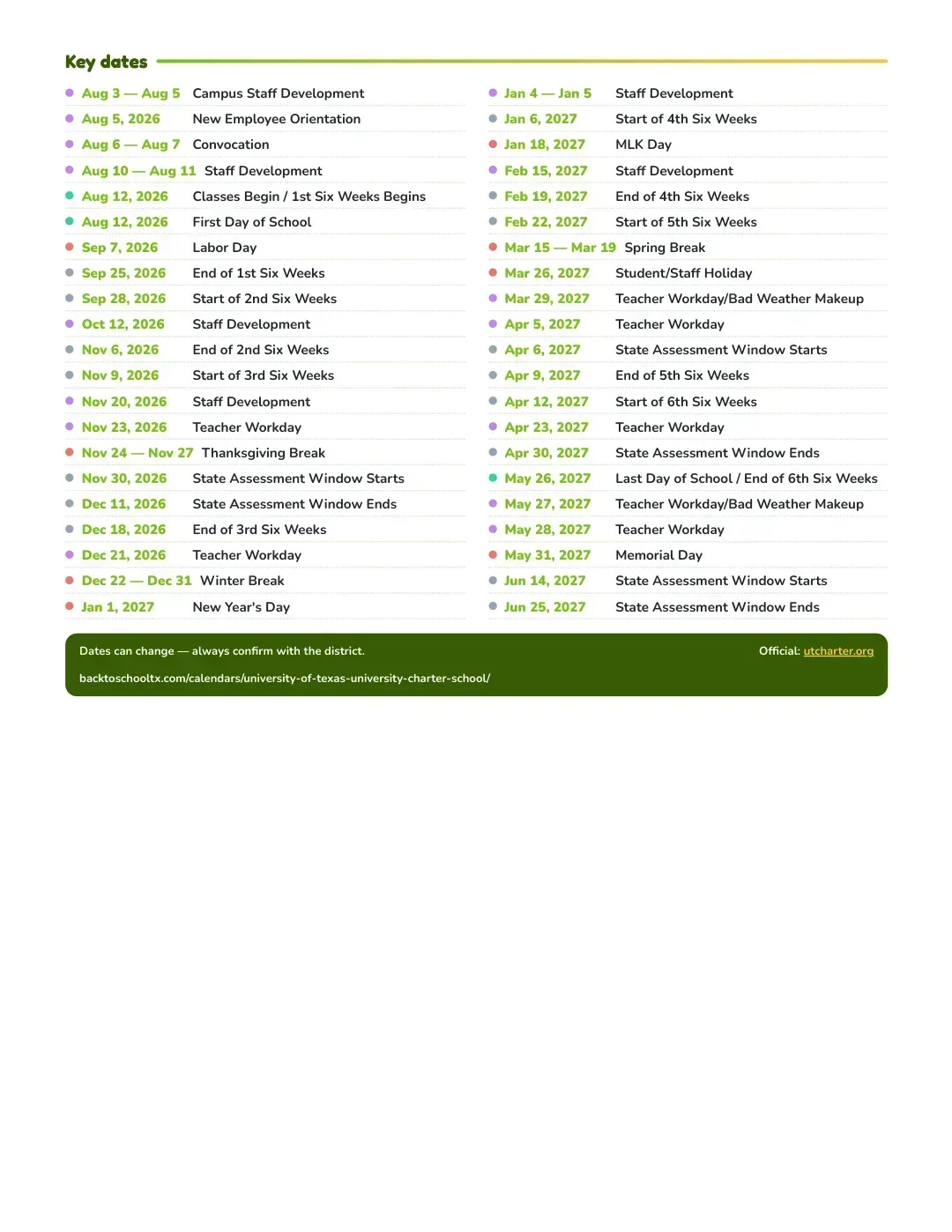 University Of Texas University Charter School Calendar for the Year 26-27 — key dates