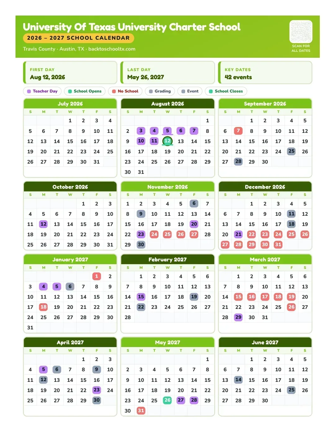 University Of Texas University Charter School Calendar for the Year 26-27