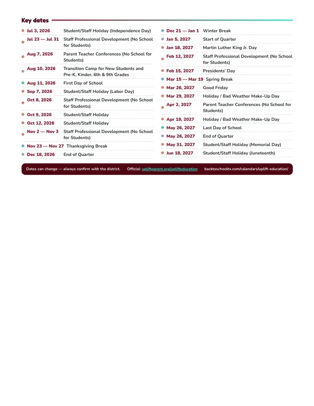 Uplift Education Calendar for the Year 26-27 — key dates