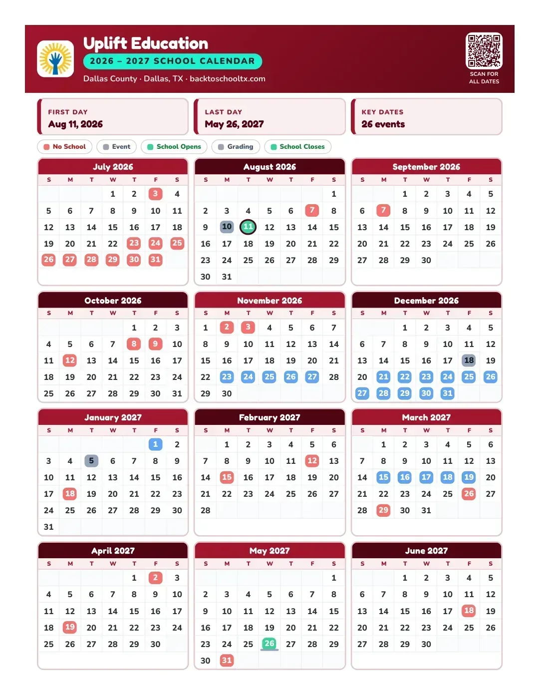 Uplift Education Calendar for the Year 26-27