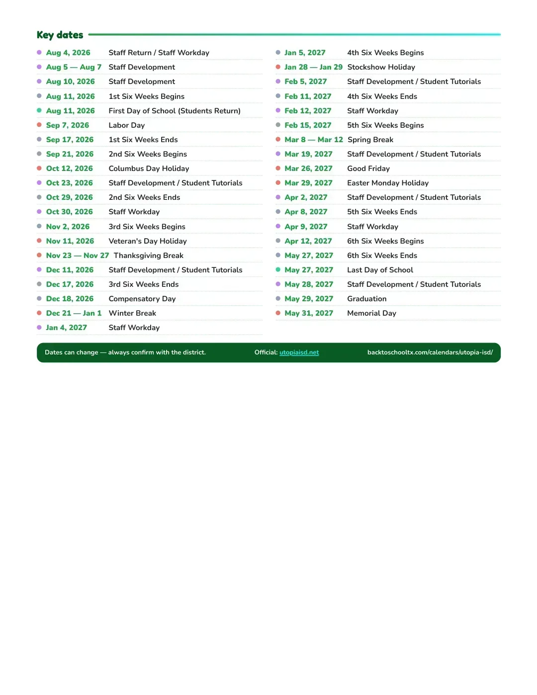 Utopia ISD Calendar for the Year 26-27 — key dates