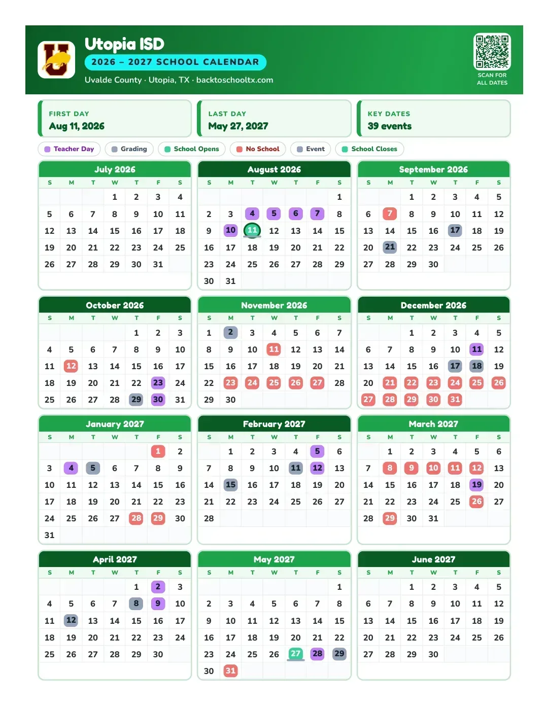 Utopia ISD Calendar for the Year 26-27