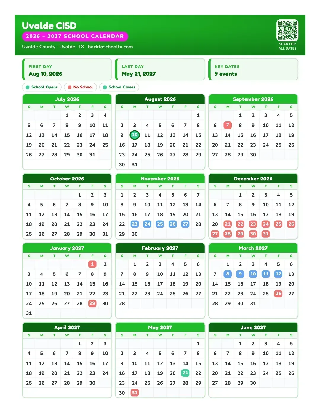 Uvalde CISD Calendar for the Year 26-27