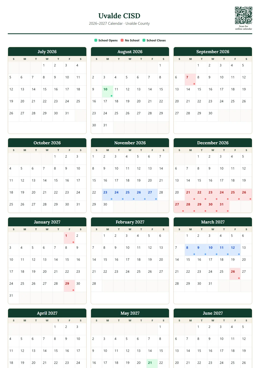 Uvalde CISD printable 2026–2027 calendar