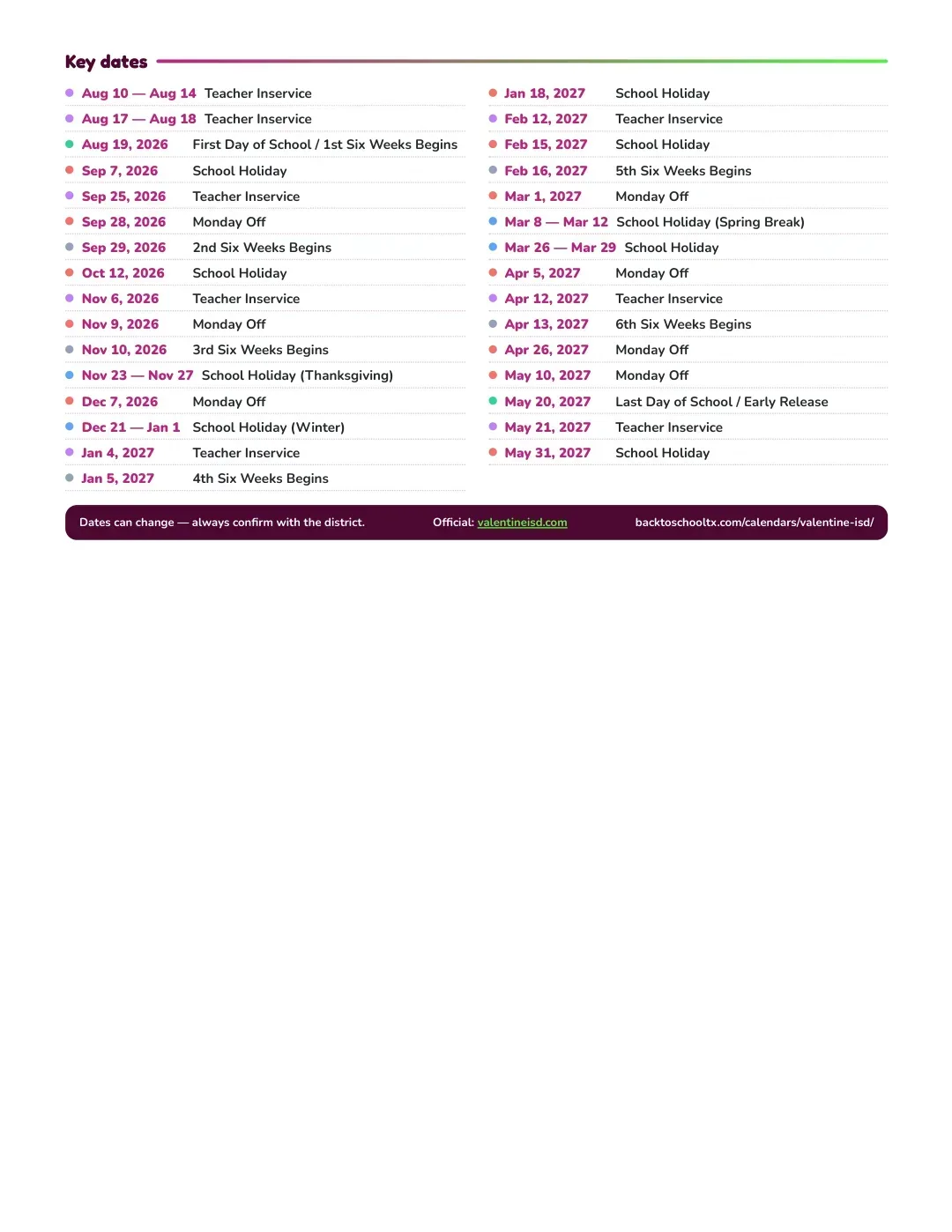 Valentine ISD Calendar for the Year 26-27 — key dates
