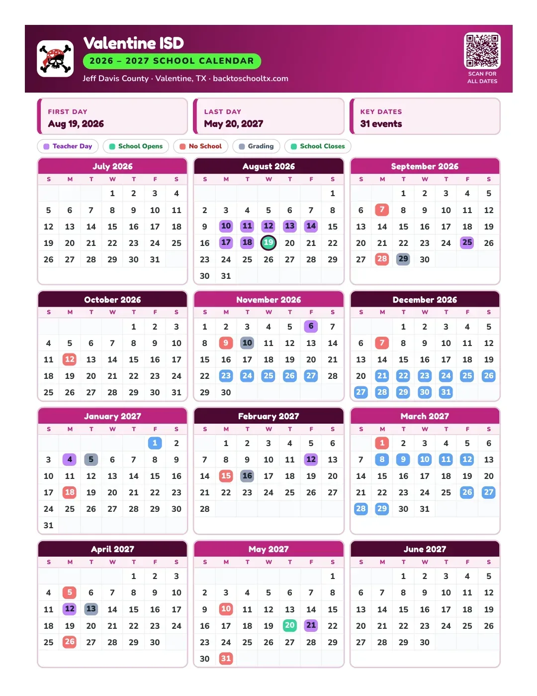 Valentine ISD Calendar for the Year 26-27
