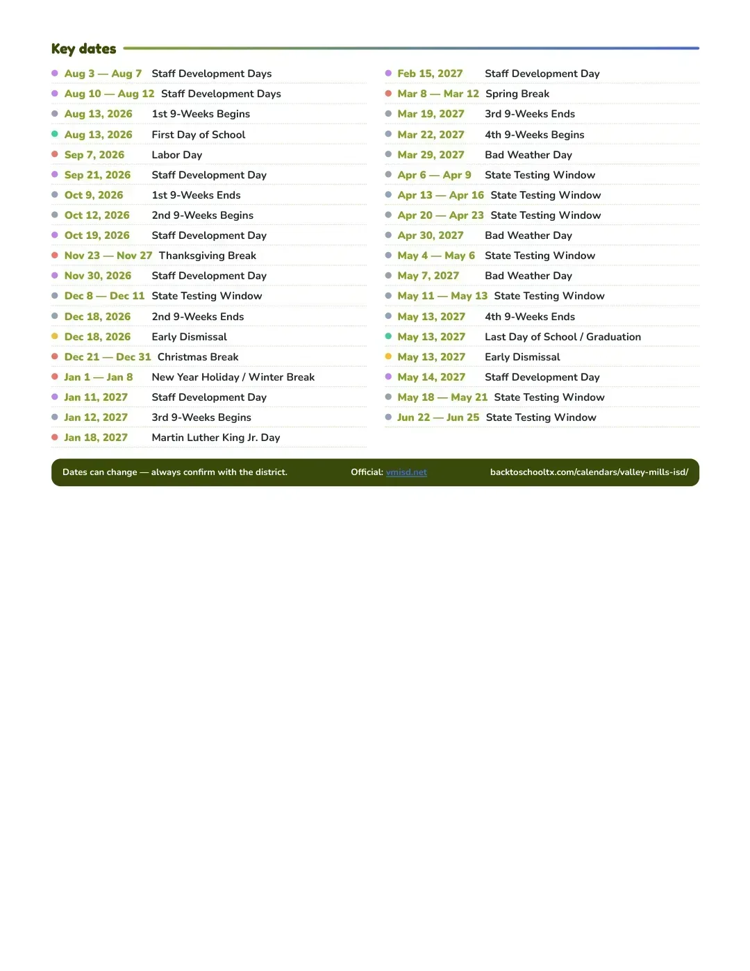 Valley Mills ISD Calendar for the Year 26-27 — key dates