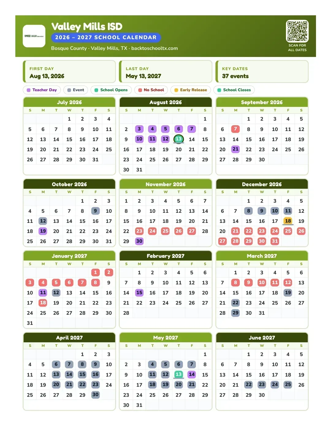 Valley Mills ISD Calendar for the Year 26-27