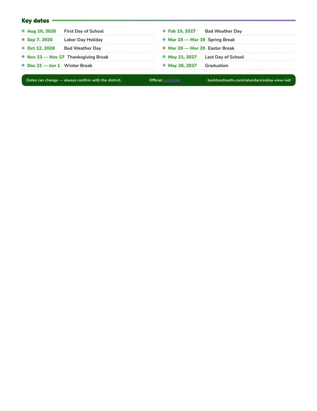 Valley View ISD Calendar for the Year 26-27 — key dates