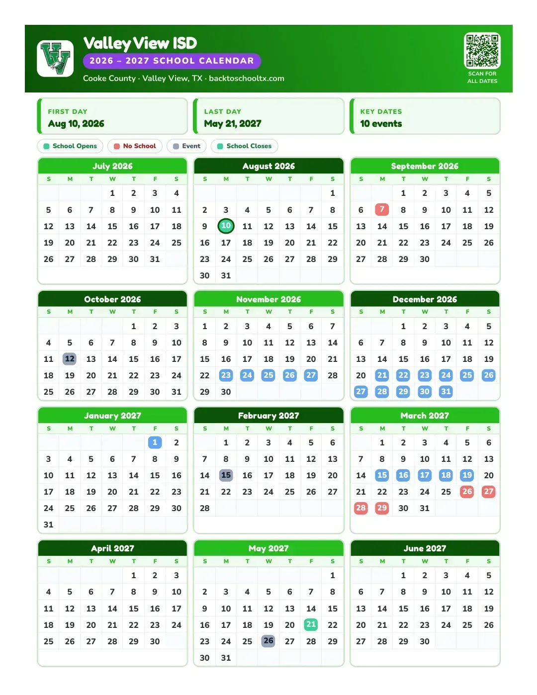 Valley View ISD Calendar for the Year 26-27