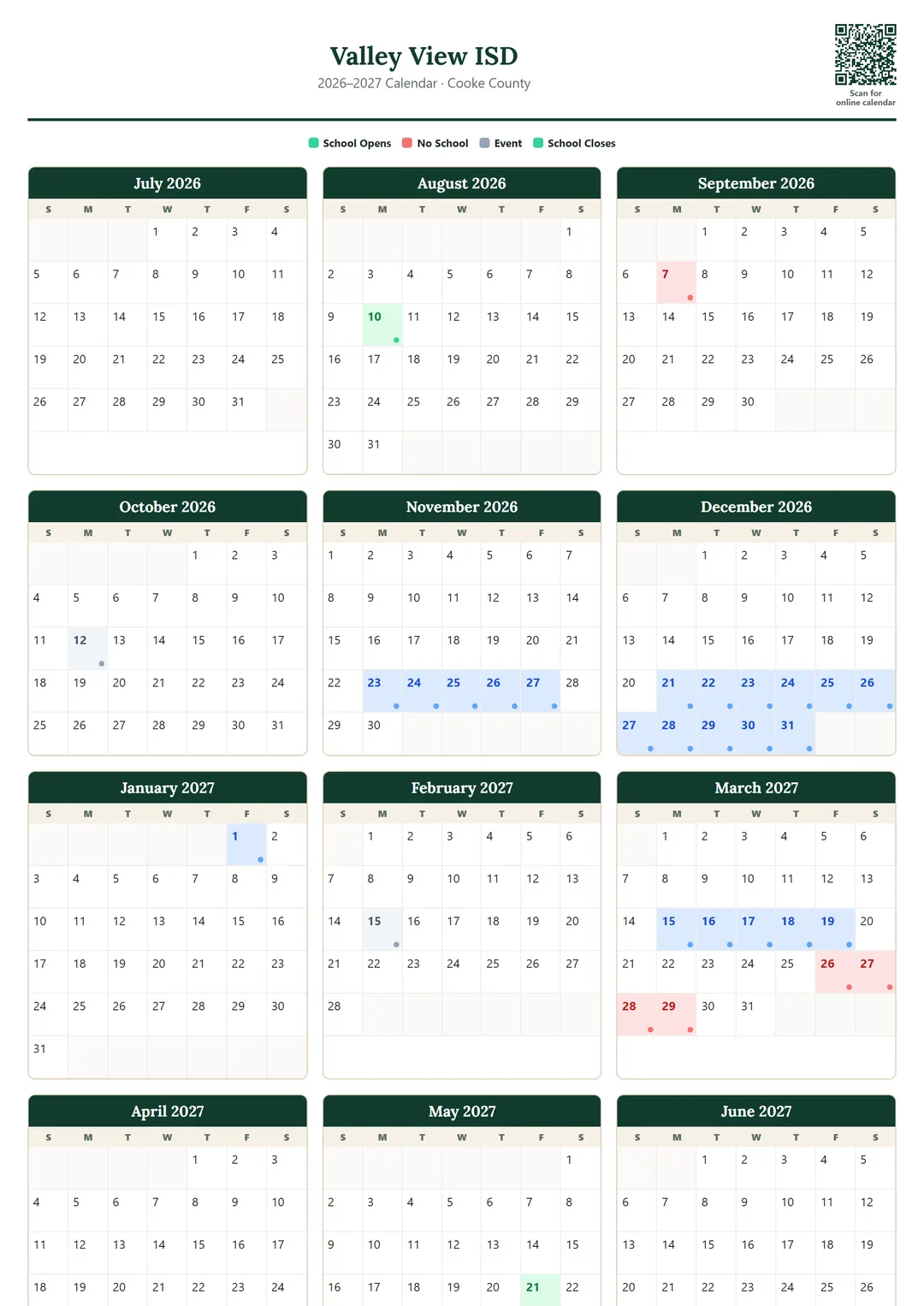 Valley View ISD printable 2026–2027 calendar