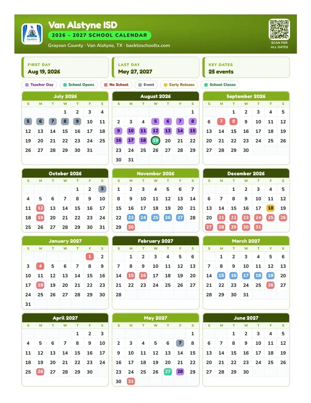 Van Alstyne ISD Calendar for the Year 26-27