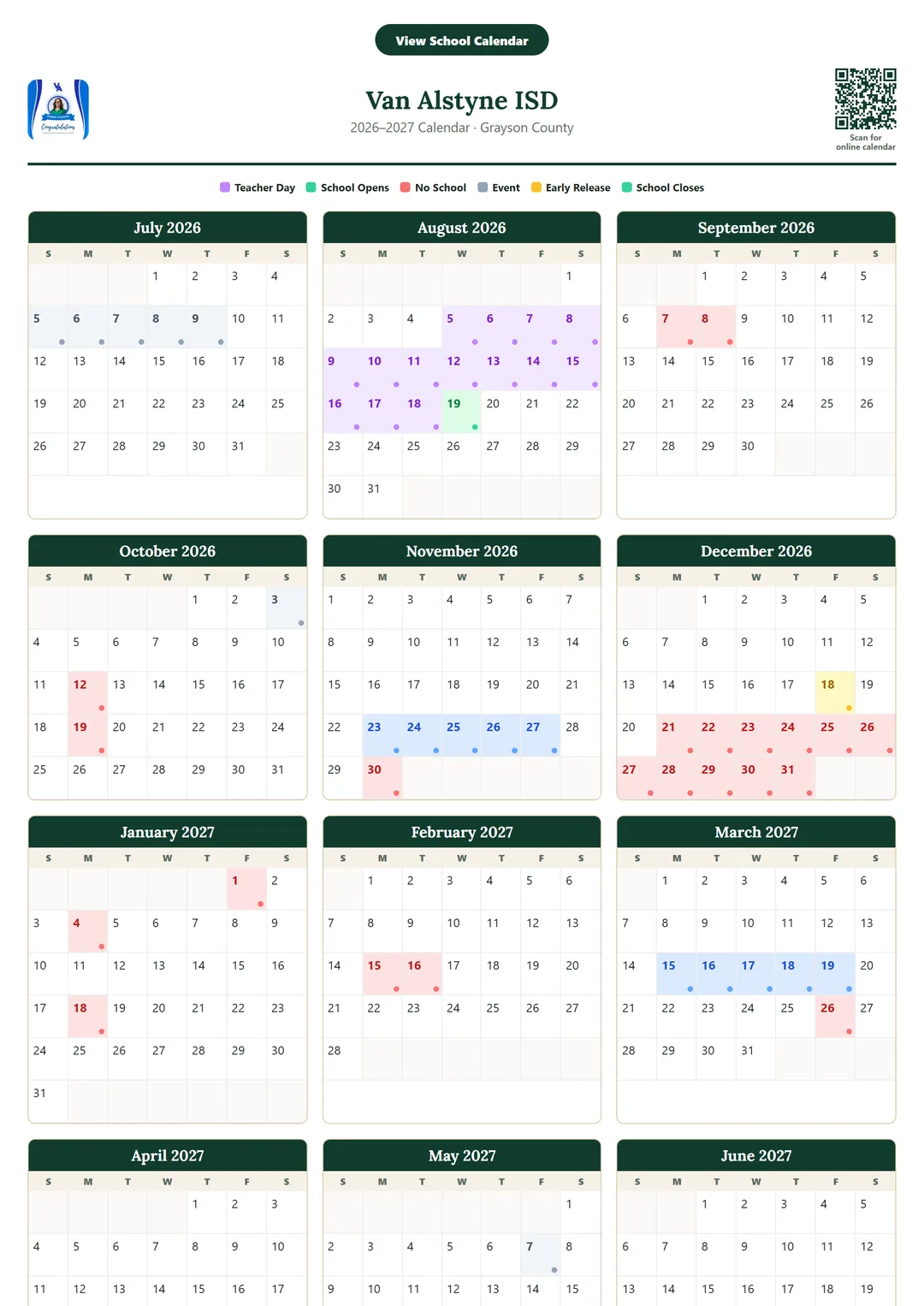 Van Alstyne ISD printable 2026–2027 calendar