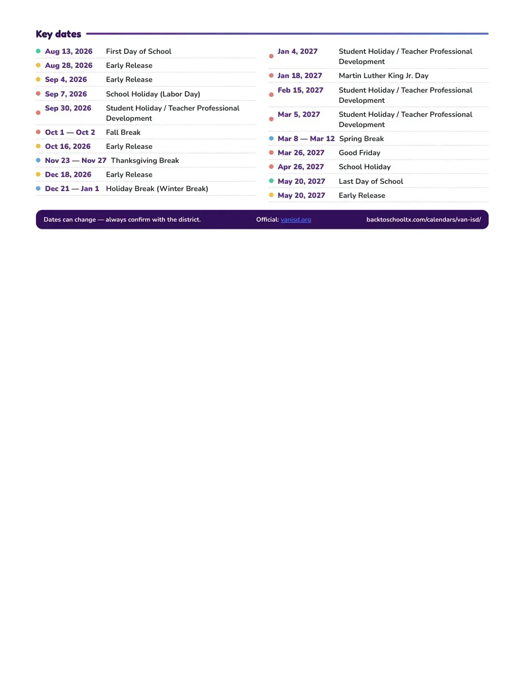 Van ISD Calendar for the Year 26-27 — key dates
