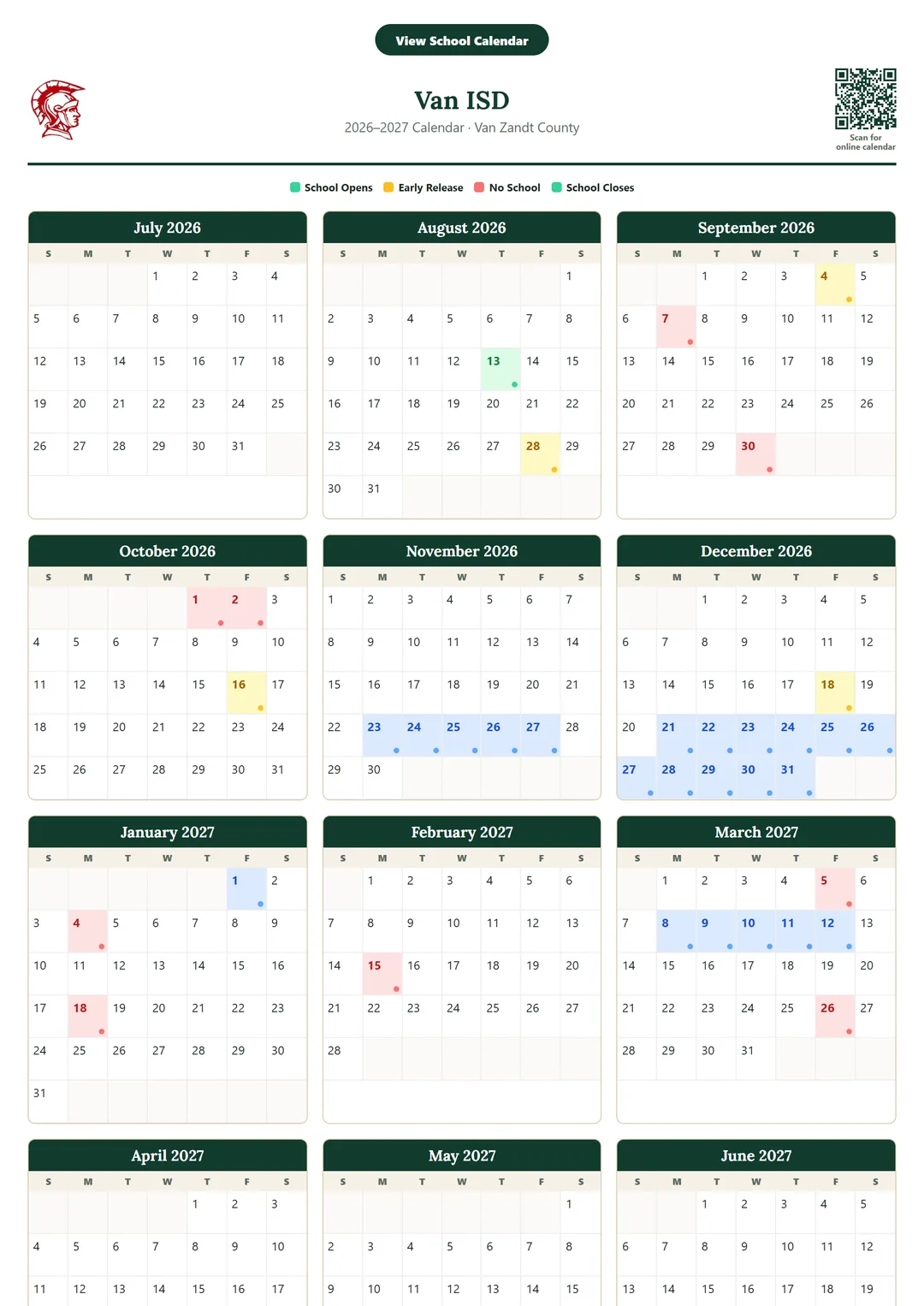 Van ISD printable 2026–2027 calendar