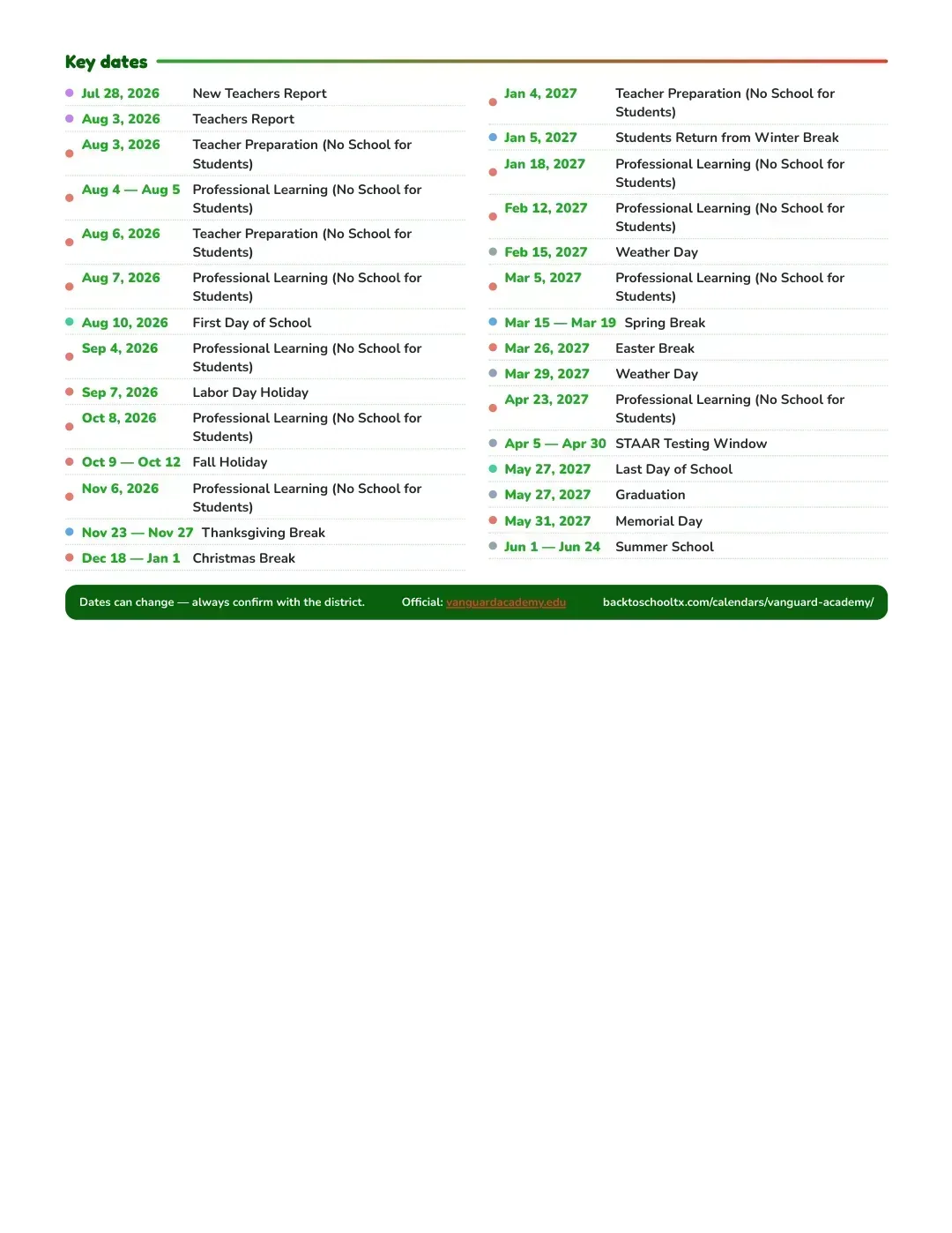 Vanguard Academy Calendar for the Year 26-27 — key dates