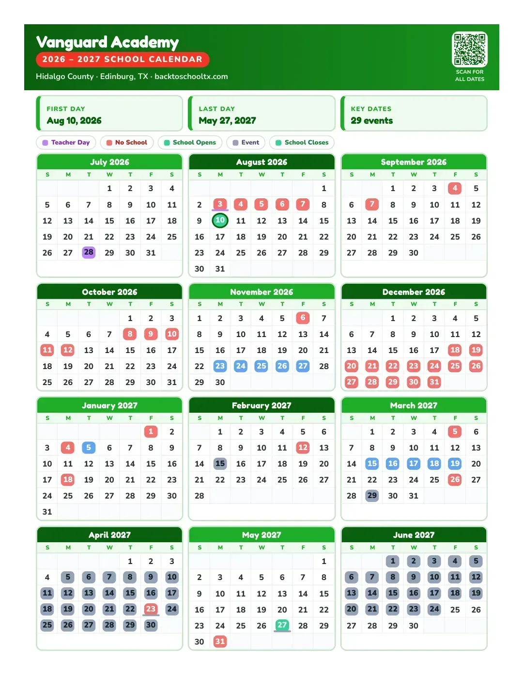 Vanguard Academy Calendar for the Year 26-27