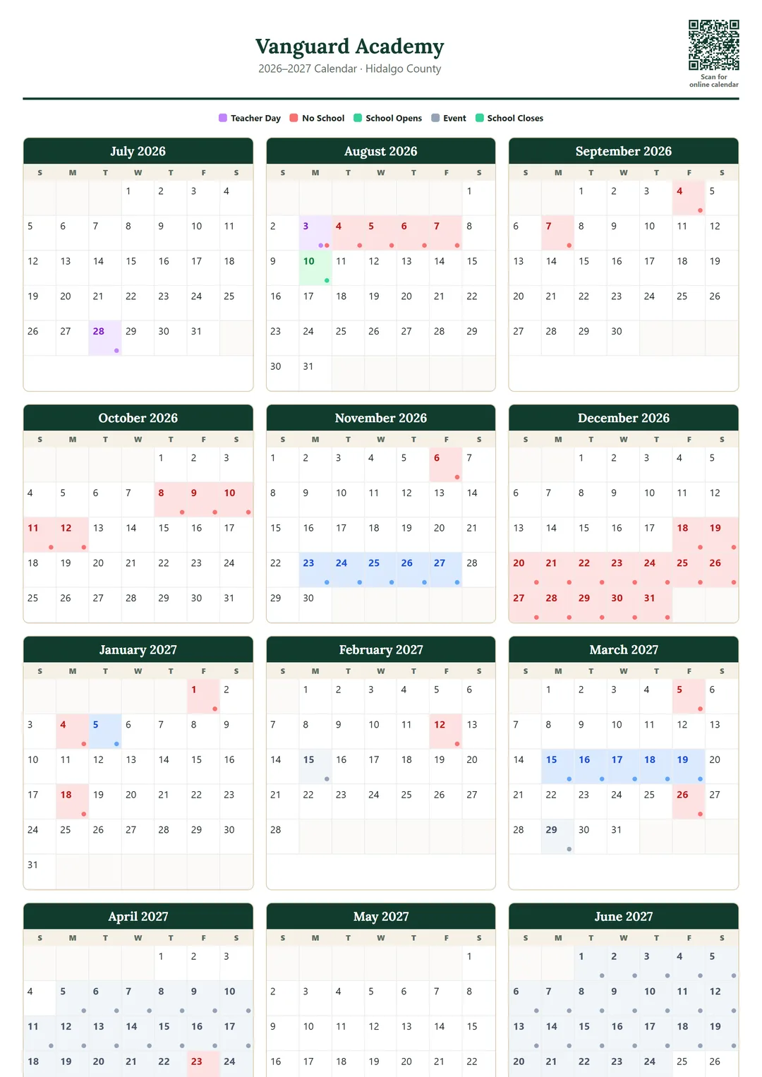 Vanguard Academy printable 2026–2027 calendar