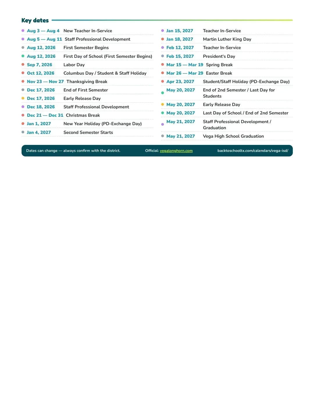 Vega ISD Calendar for the Year 26-27 — key dates