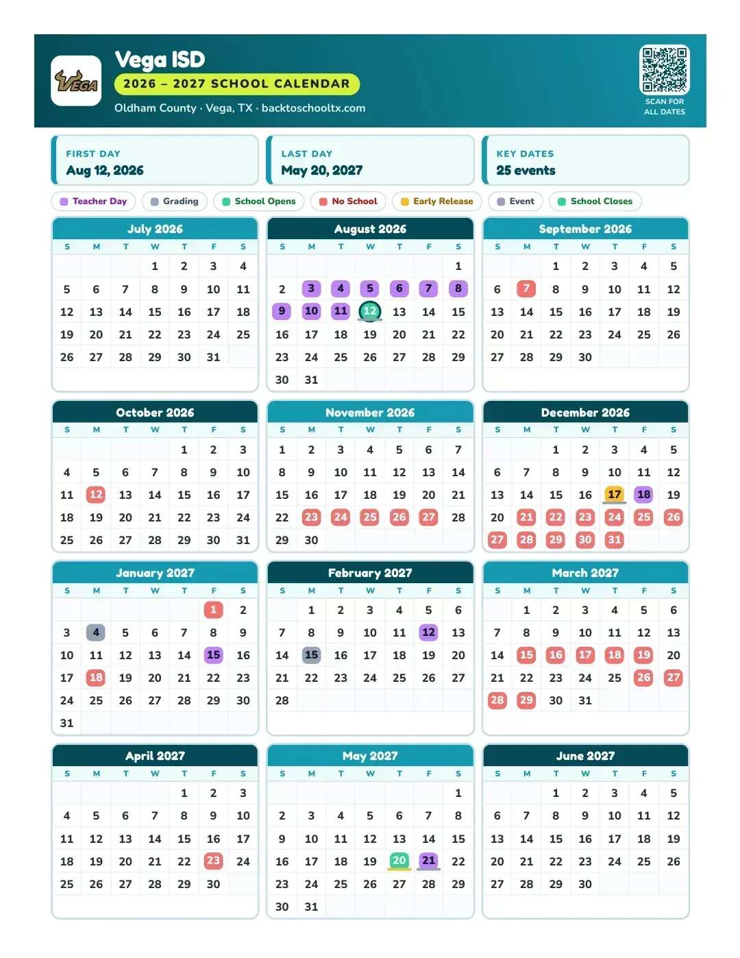 Vega ISD Calendar for the Year 26-27