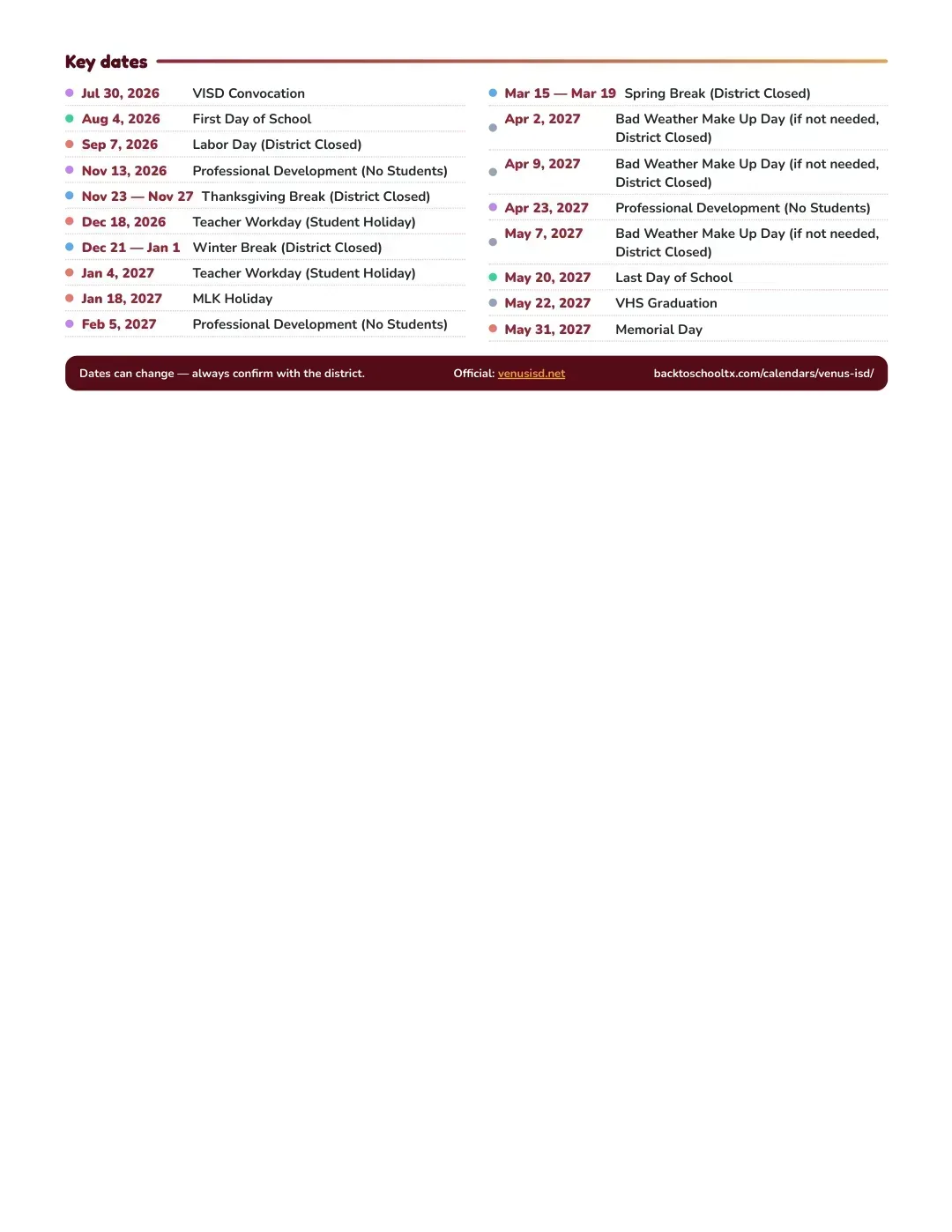 Venus ISD Calendar for the Year 26-27 — key dates