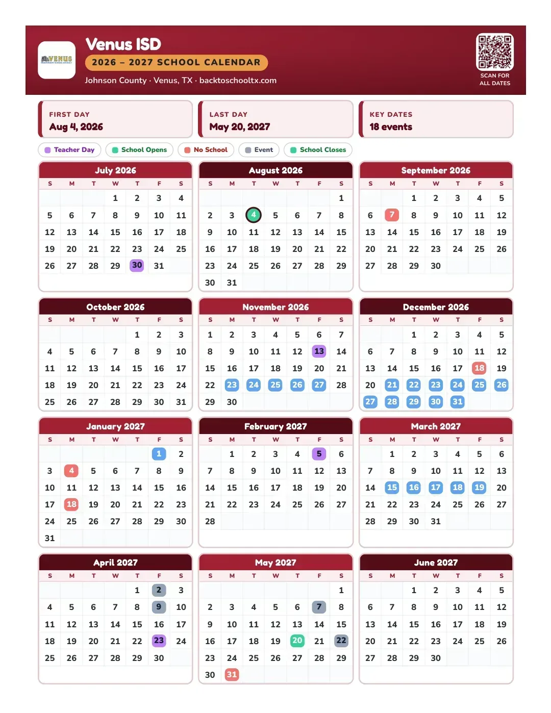 Venus ISD Calendar for the Year 26-27