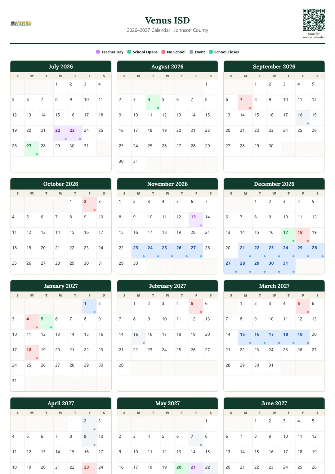 Venus ISD printable 2026–2027 calendar