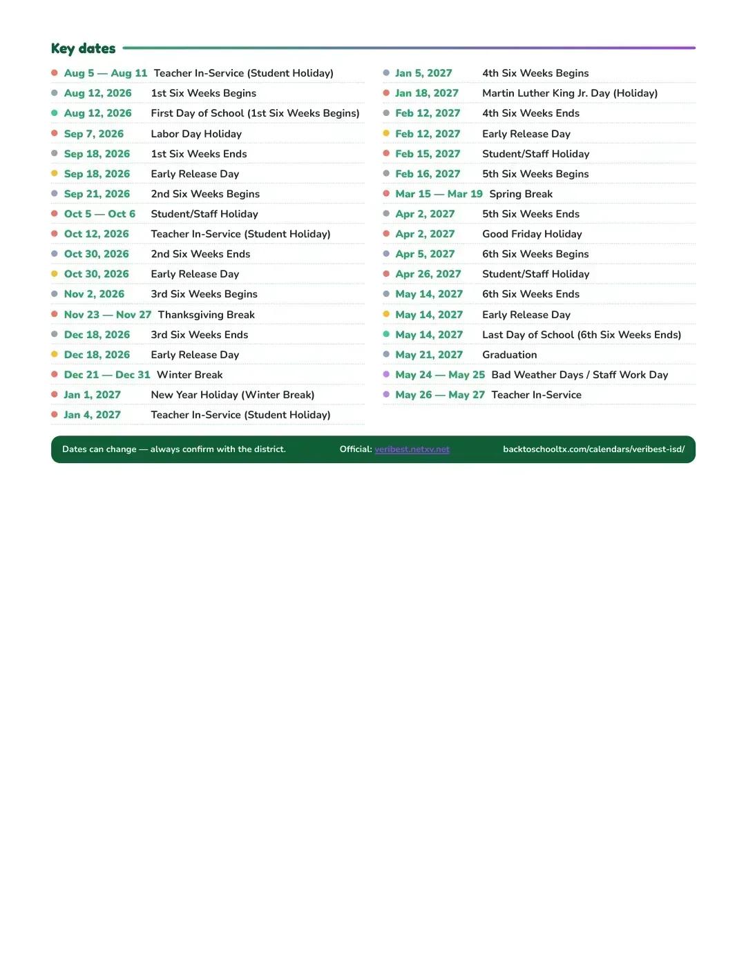 Veribest ISD Calendar for the Year 26-27 — key dates