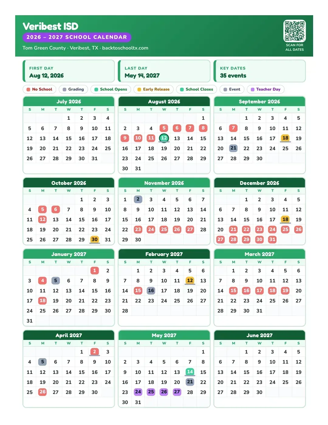 Veribest ISD Calendar for the Year 26-27