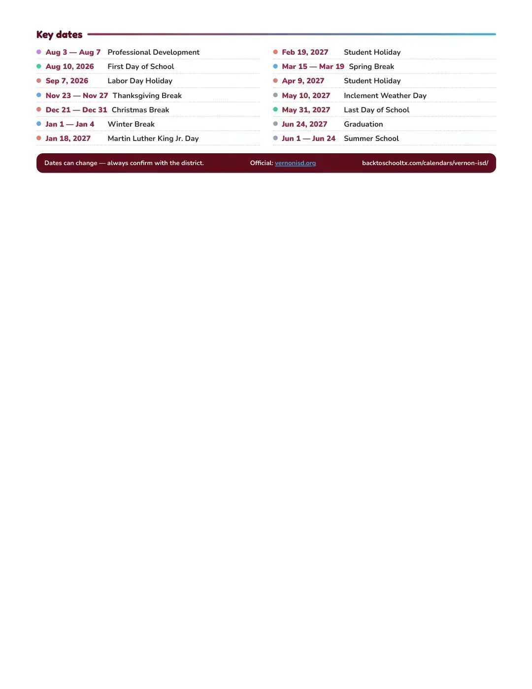 Vernon ISD Calendar for the Year 26-27 — key dates