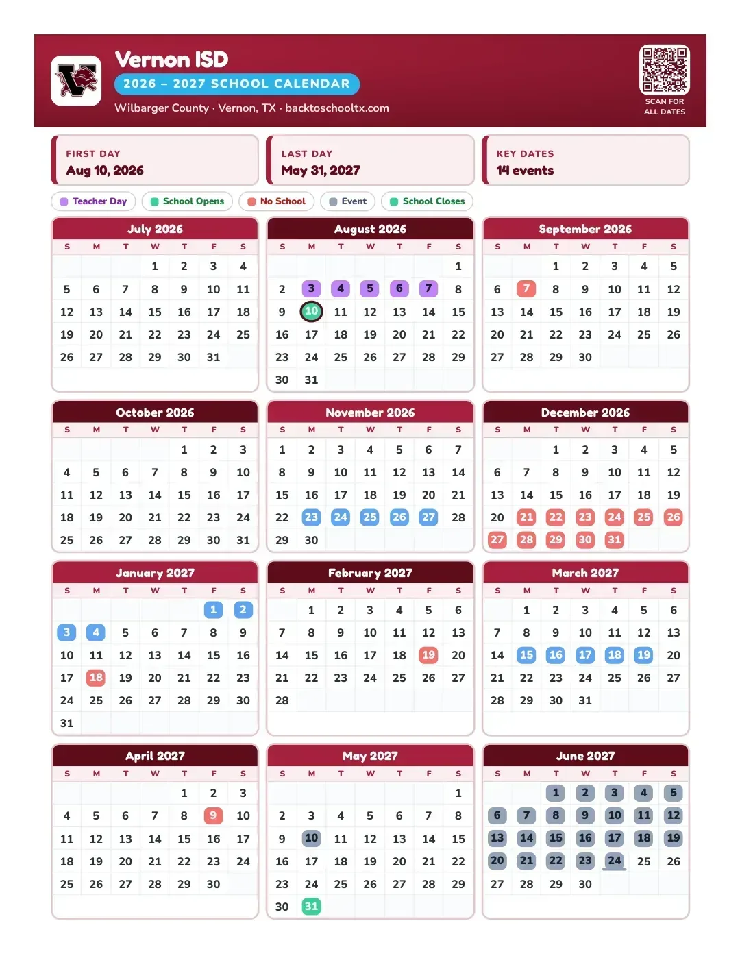 Vernon ISD Calendar for the Year 26-27
