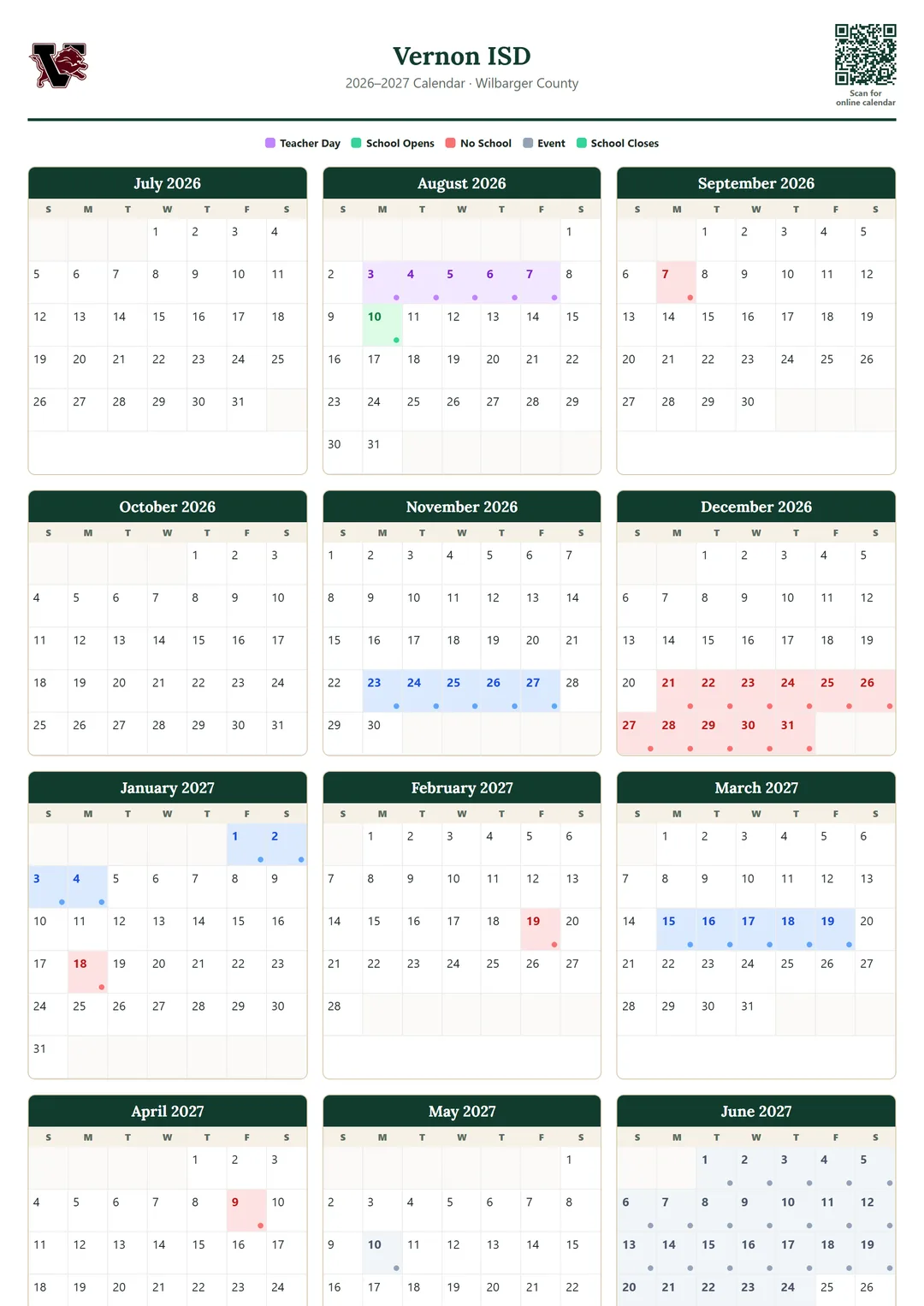 Vernon ISD printable 2026–2027 calendar