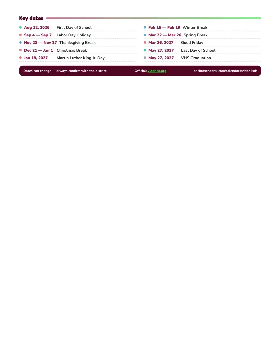 Vidor ISD Calendar for the Year 26-27 — key dates