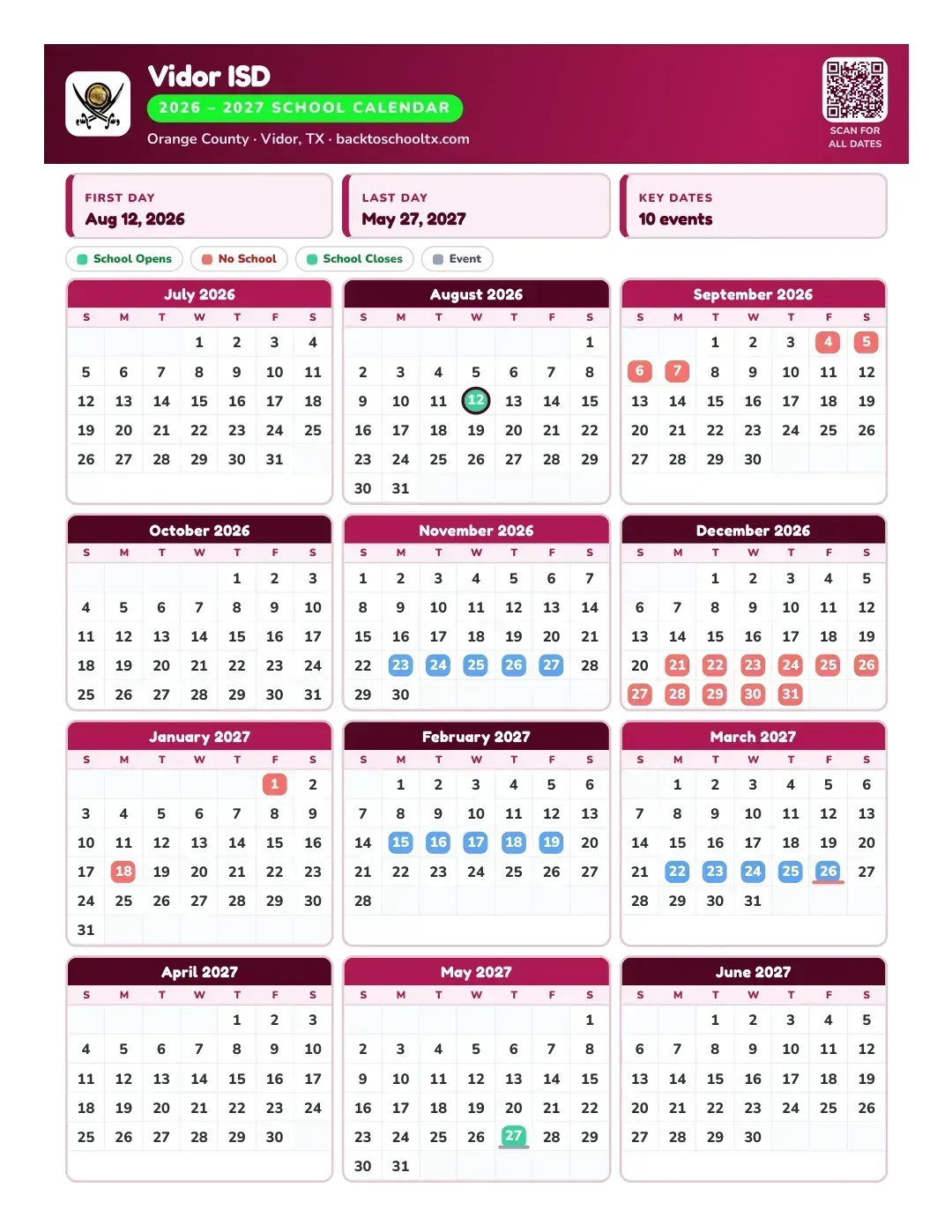 Vidor ISD Calendar for the Year 26-27