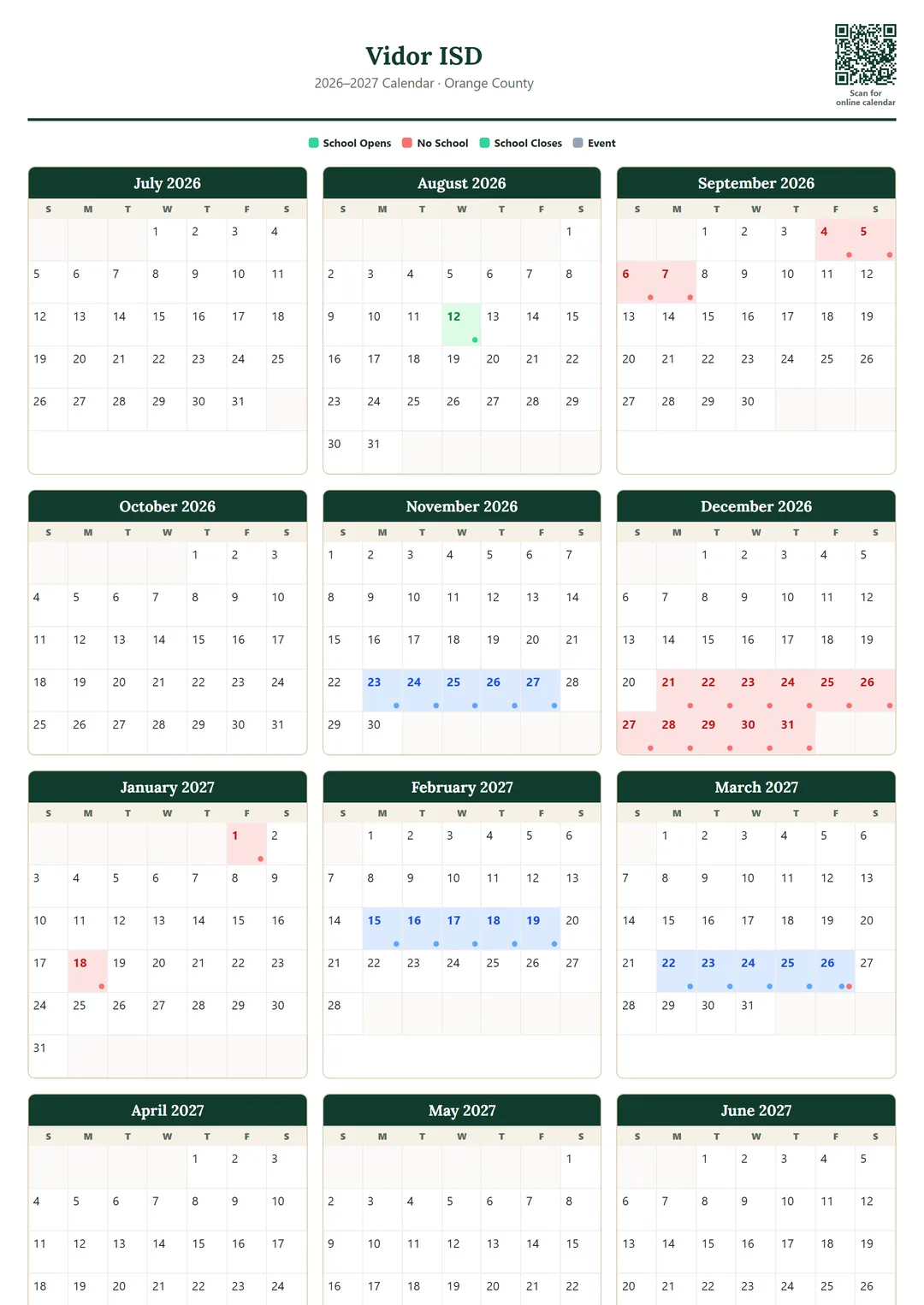 Vidor ISD printable 2026–2027 calendar