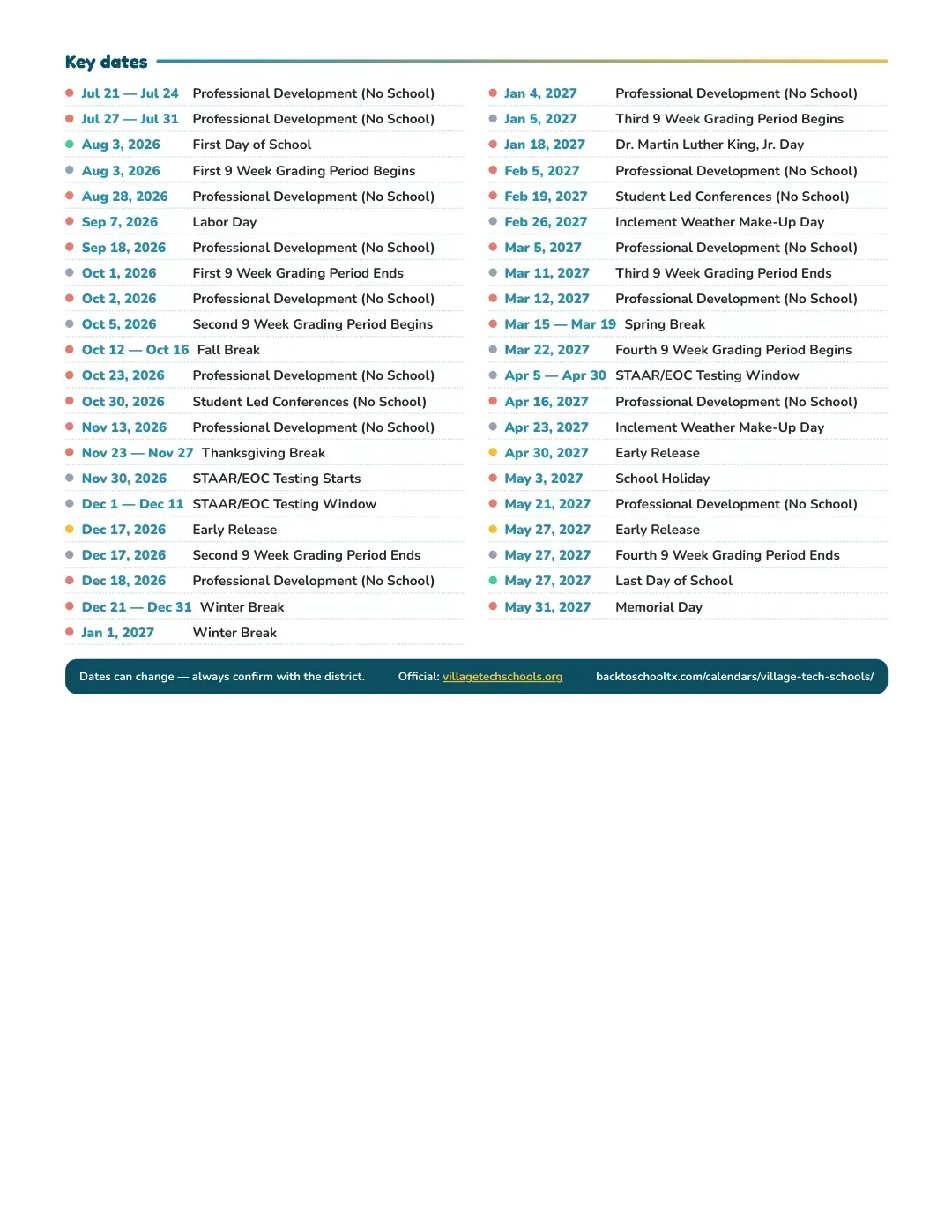 Village Tech Schools Calendar for the Year 26-27 — key dates