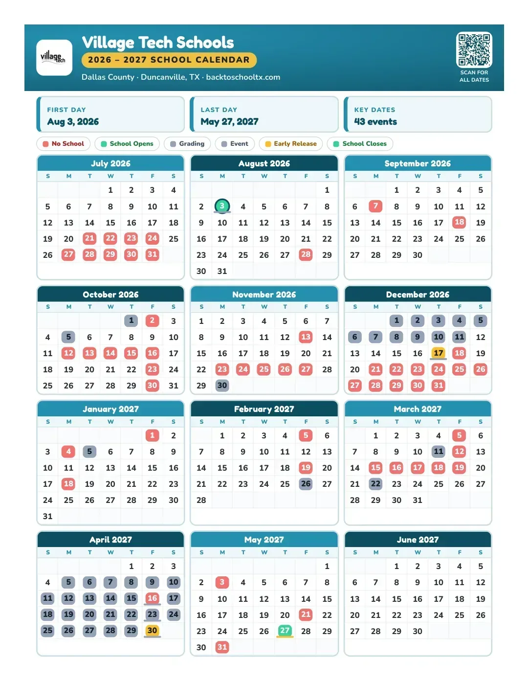Village Tech Schools Calendar for the Year 26-27