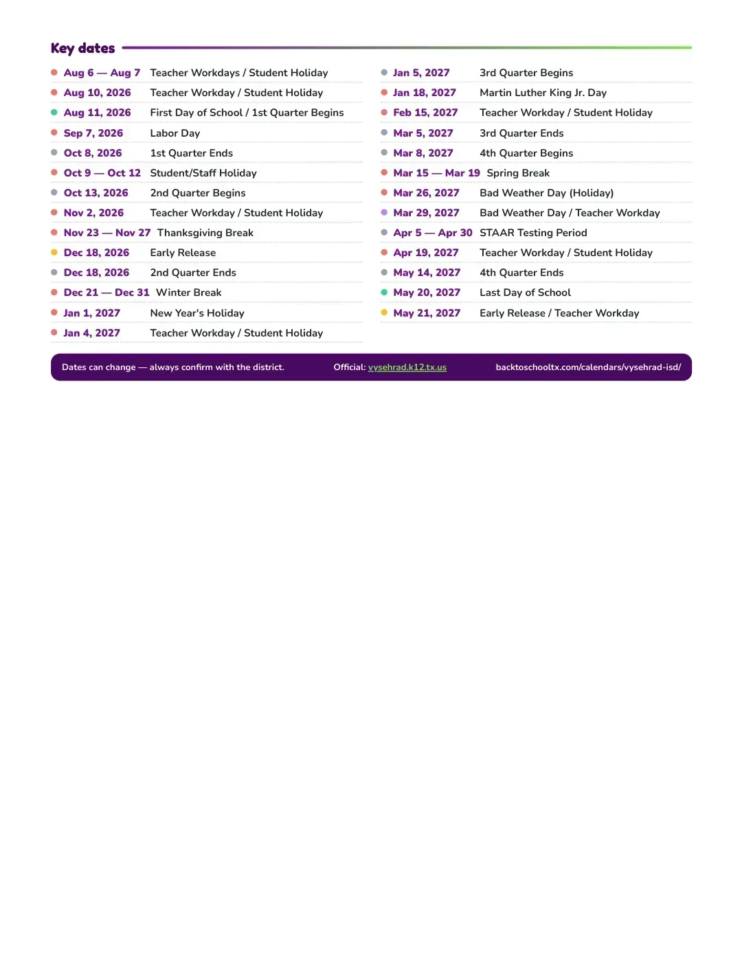 Vysehrad ISD Calendar for the Year 26-27 — key dates