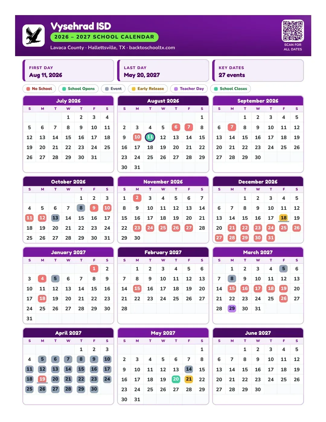 Vysehrad ISD Calendar for the Year 26-27