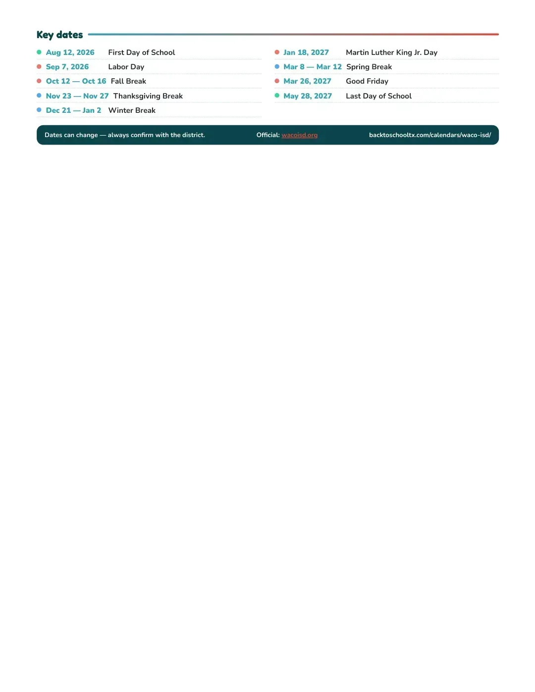 Waco ISD Calendar for the Year 26-27 — key dates