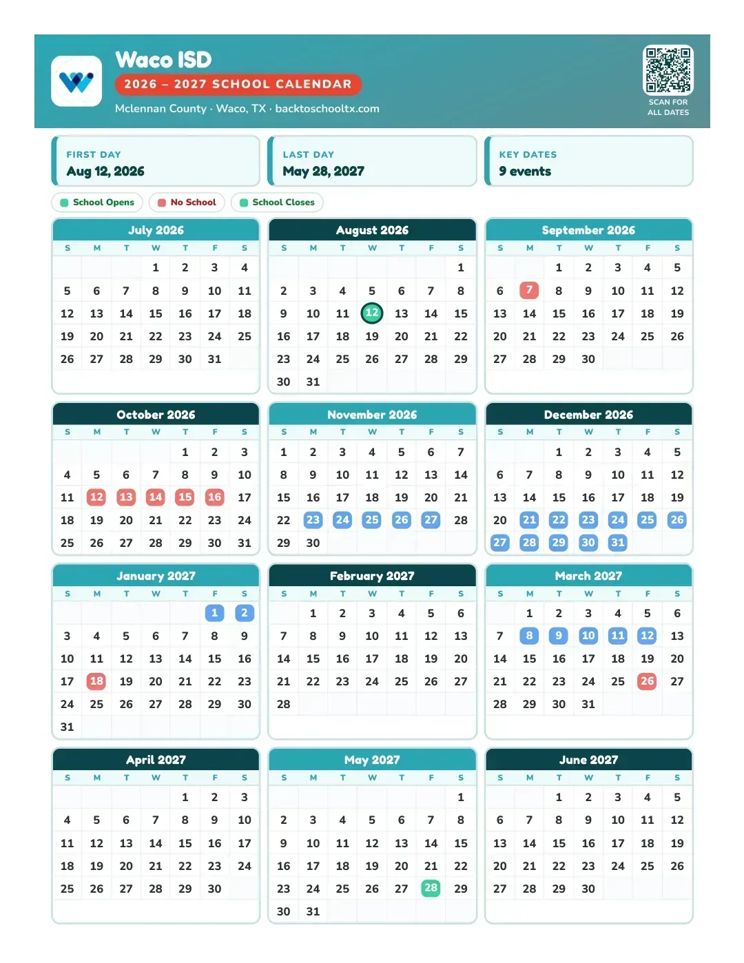 Waco ISD Calendar for the Year 26-27