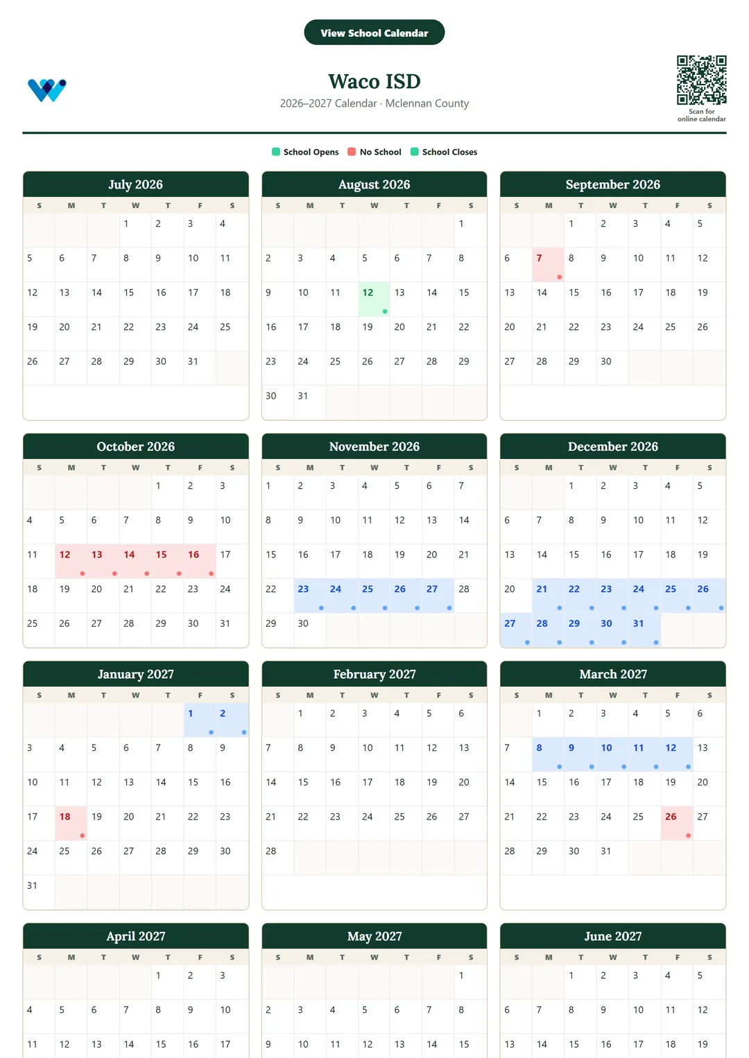 Waco ISD printable 2026–2027 calendar