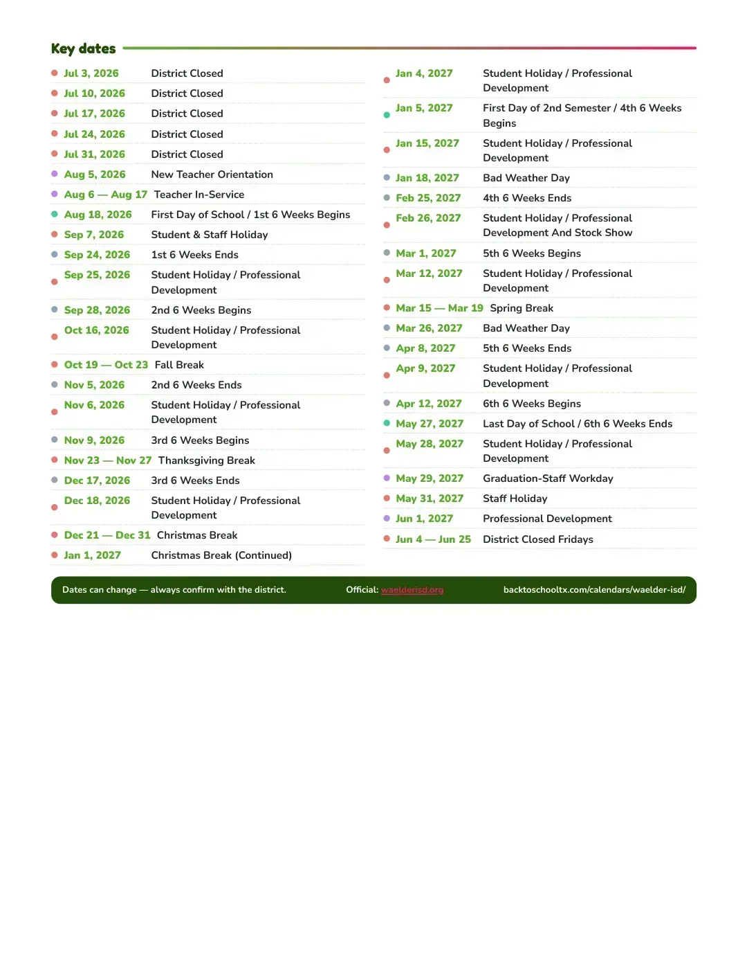 Waelder ISD Calendar for the Year 26-27 — key dates