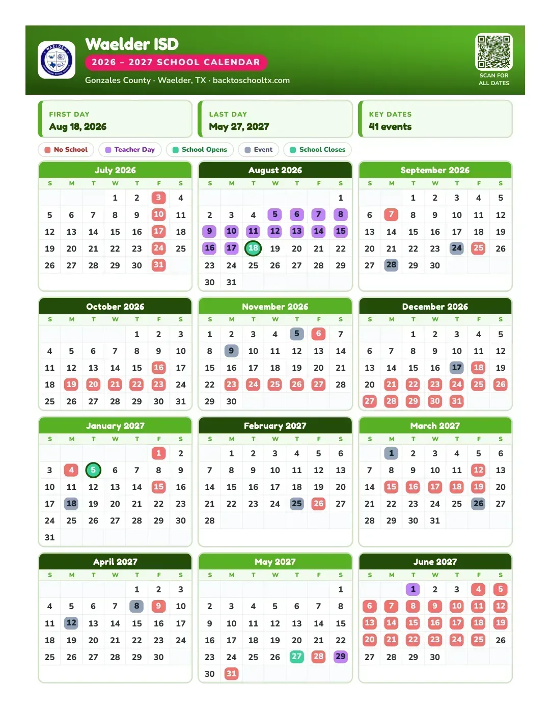 Waelder ISD Calendar for the Year 26-27