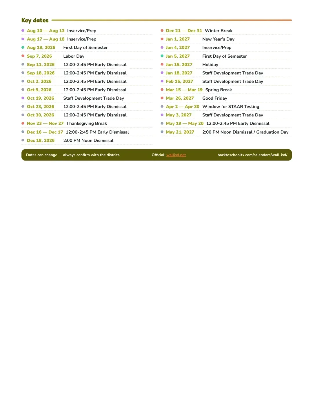 Wall ISD Calendar for the Year 26-27 — key dates