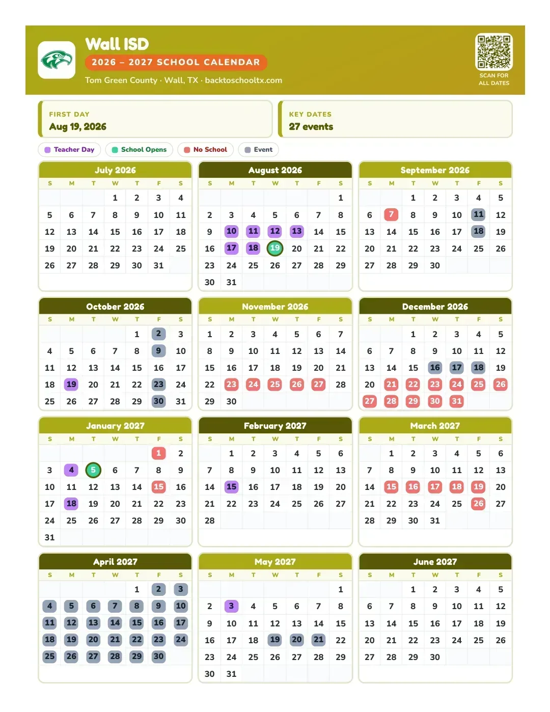 Wall ISD Calendar for the Year 26-27