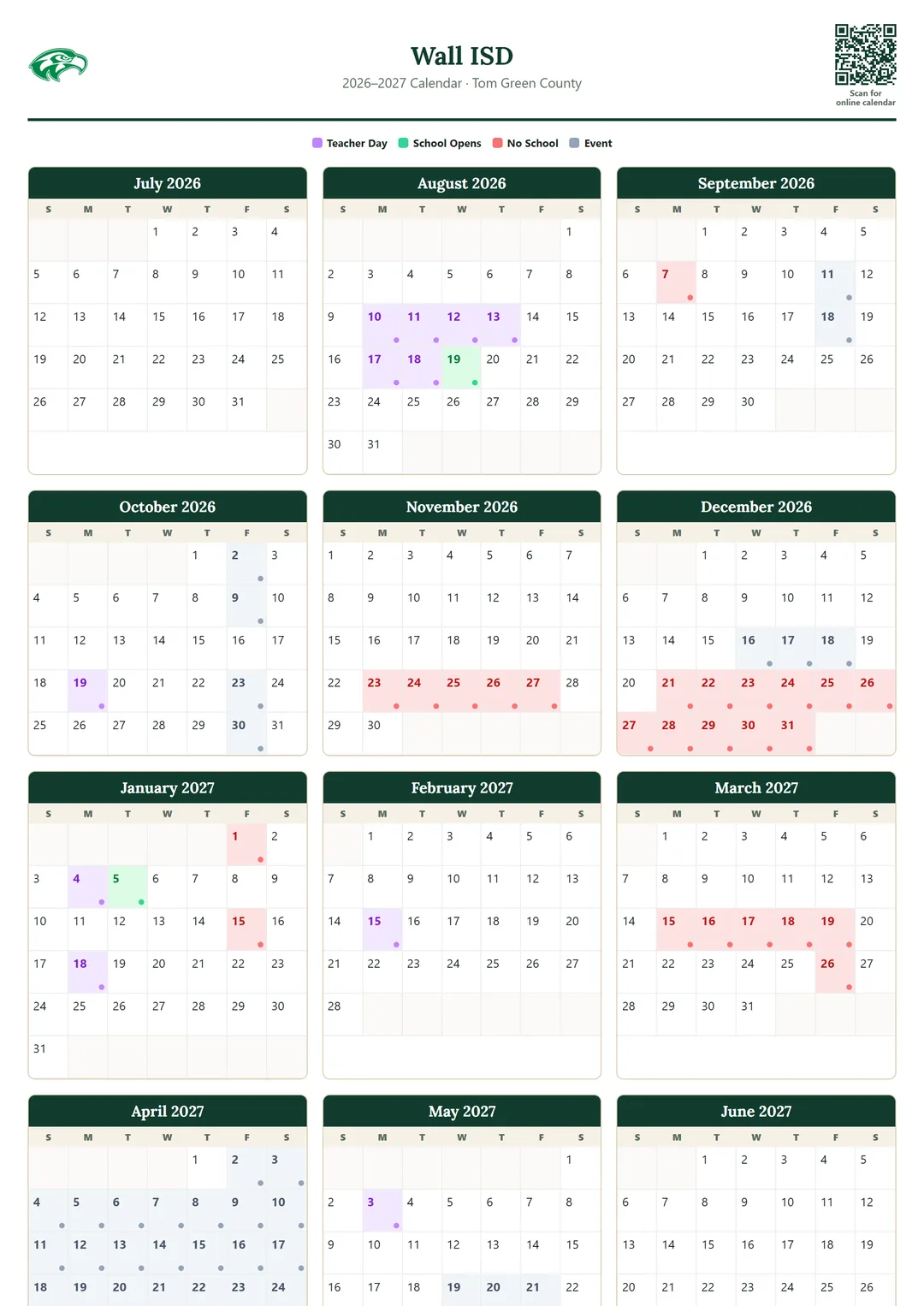 Wall ISD printable 2026–2027 calendar