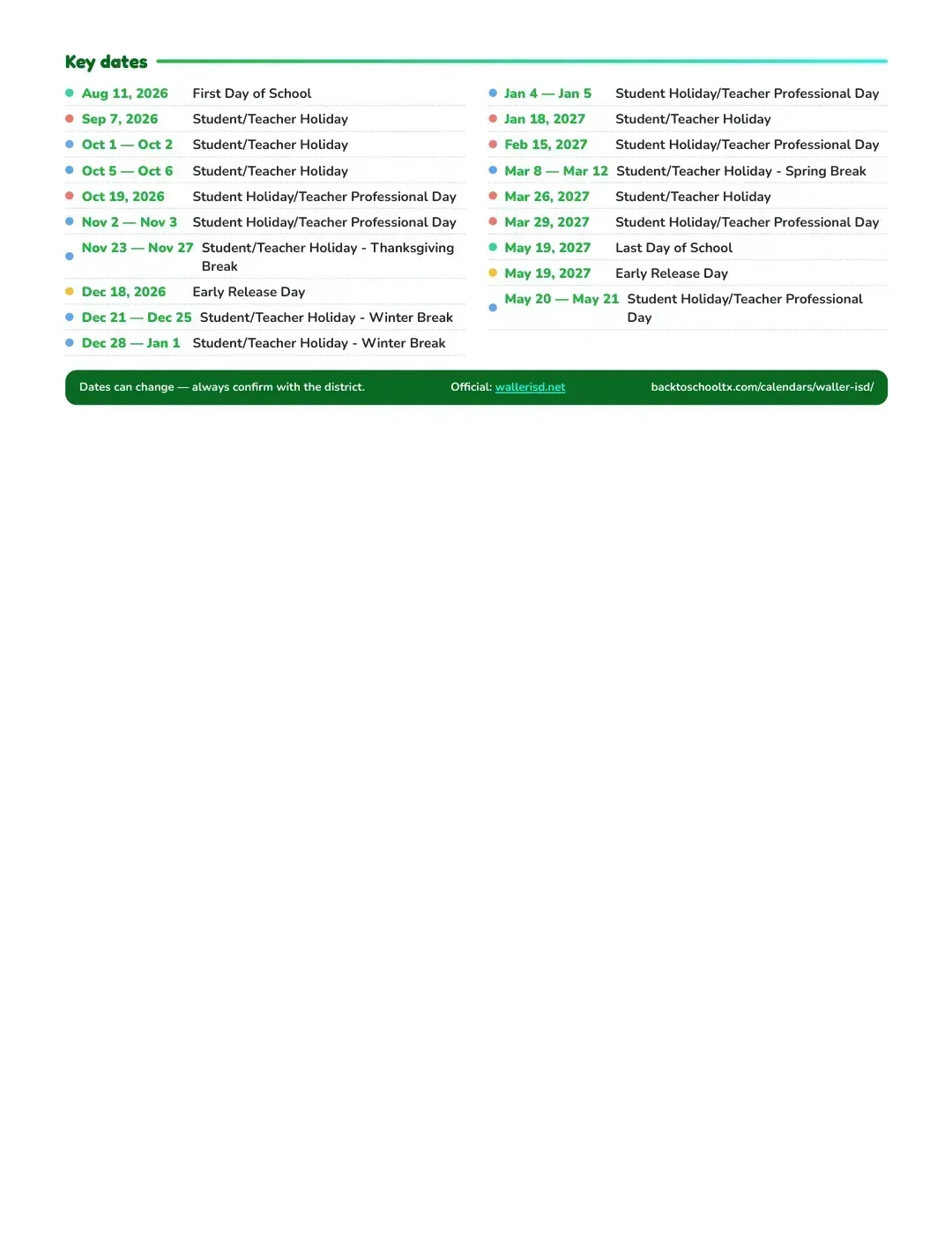 Waller ISD Calendar for the Year 26-27 — key dates