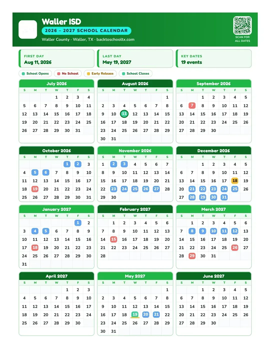 Waller ISD Calendar for the Year 26-27