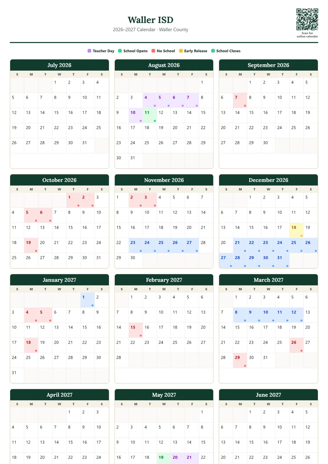 Waller ISD printable 2026–2027 calendar